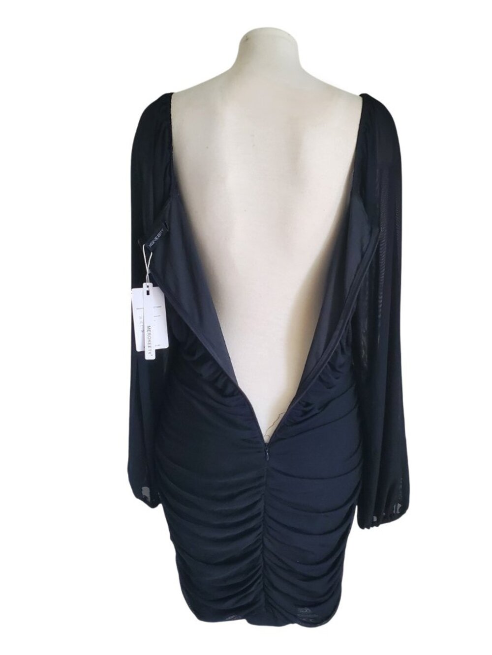 MEROKEETY Square Neck Lantern Long Sleeve Mesh Ruched Bodycon Clubwear Dress L - Picture 6 of 16